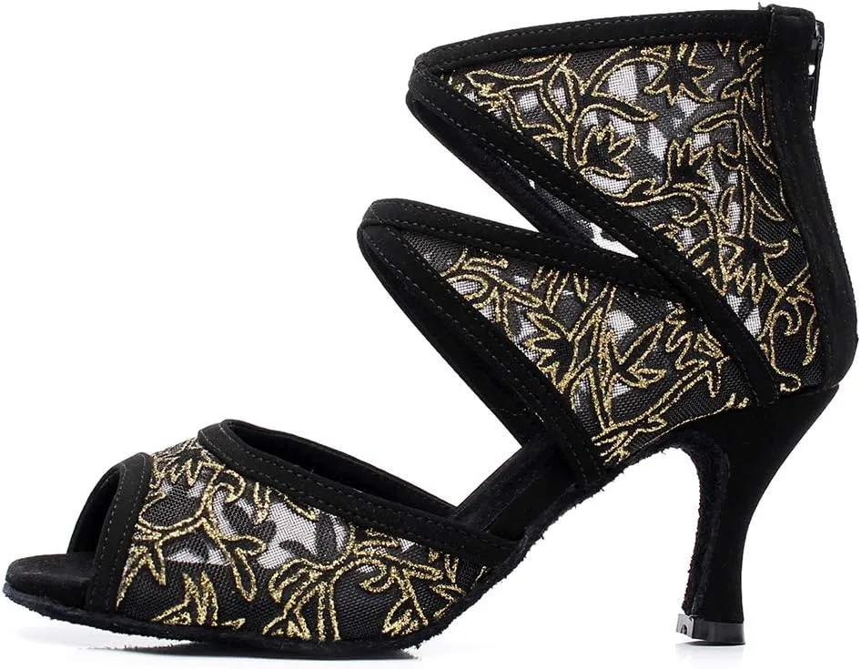 JUODVMP Women's Ultrasuede Cut Out Embroidered Floral Pattern Ballroom Latin Salsa Dance Shoes Model QJW1004