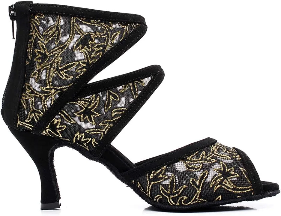 JUODVMP Women's Ultrasuede Cut Out Embroidered Floral Pattern Ballroom Latin Salsa Dance Shoes Model QJW1004