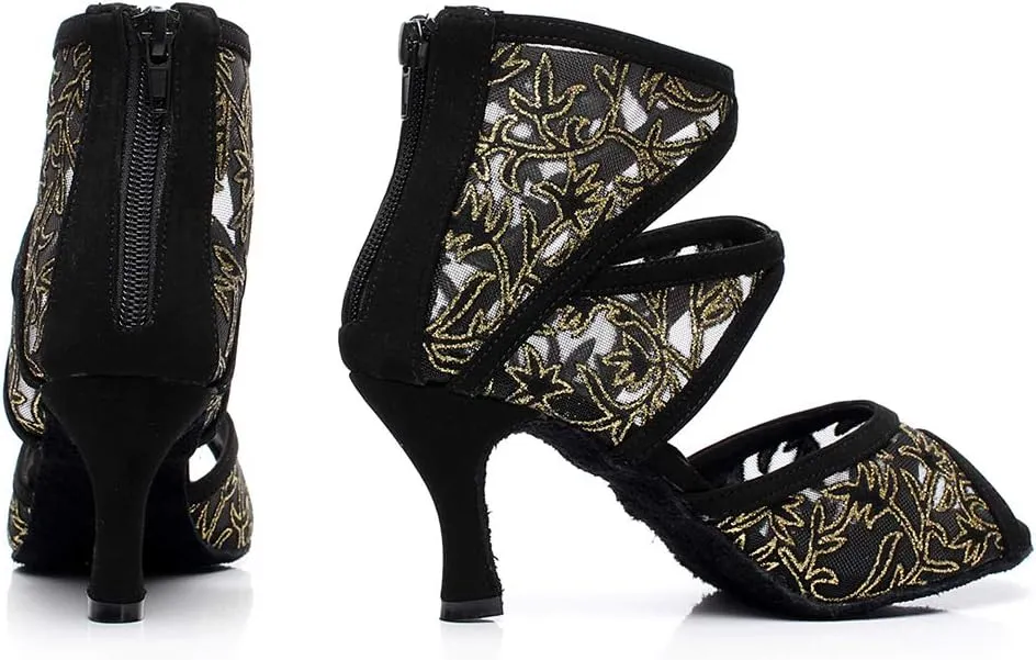 JUODVMP Women's Ultrasuede Cut Out Embroidered Floral Pattern Ballroom Latin Salsa Dance Shoes Model QJW1004