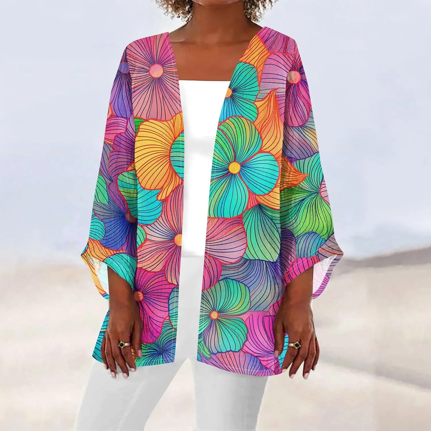 Kimono Cardigan Dusters Cardigan Casual Floral Print Round Neck Jacket Plus Size Vacation Kimono Cardigan