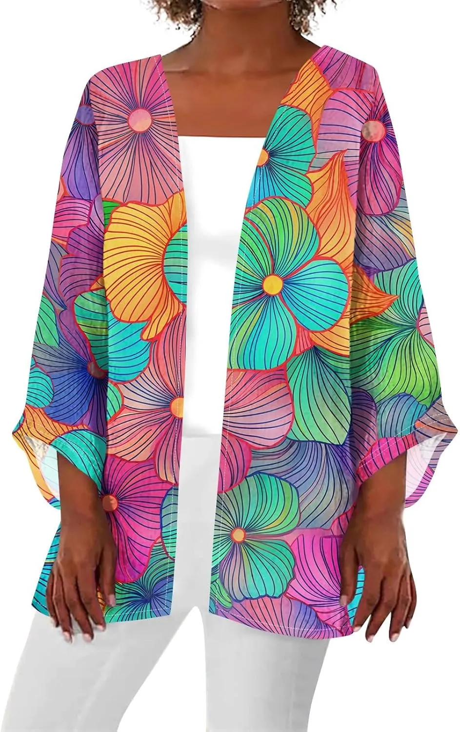 Kimono Cardigan Dusters Cardigan Casual Floral Print Round Neck Jacket Plus Size Vacation Kimono Cardigan