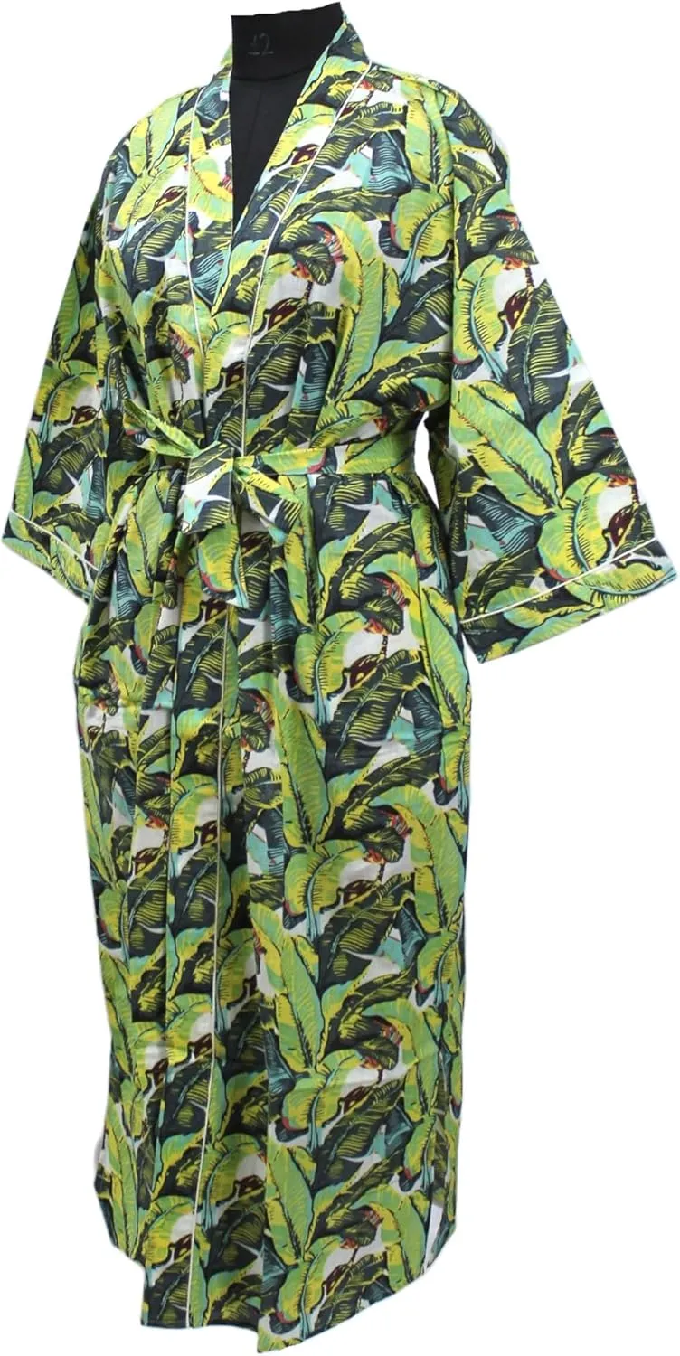 Kimonos Pure 100% Cotton Robe For Women Bathrobe Dressing Gown Long Sleepwear Floral Pattern Print Gray Multicolor Color