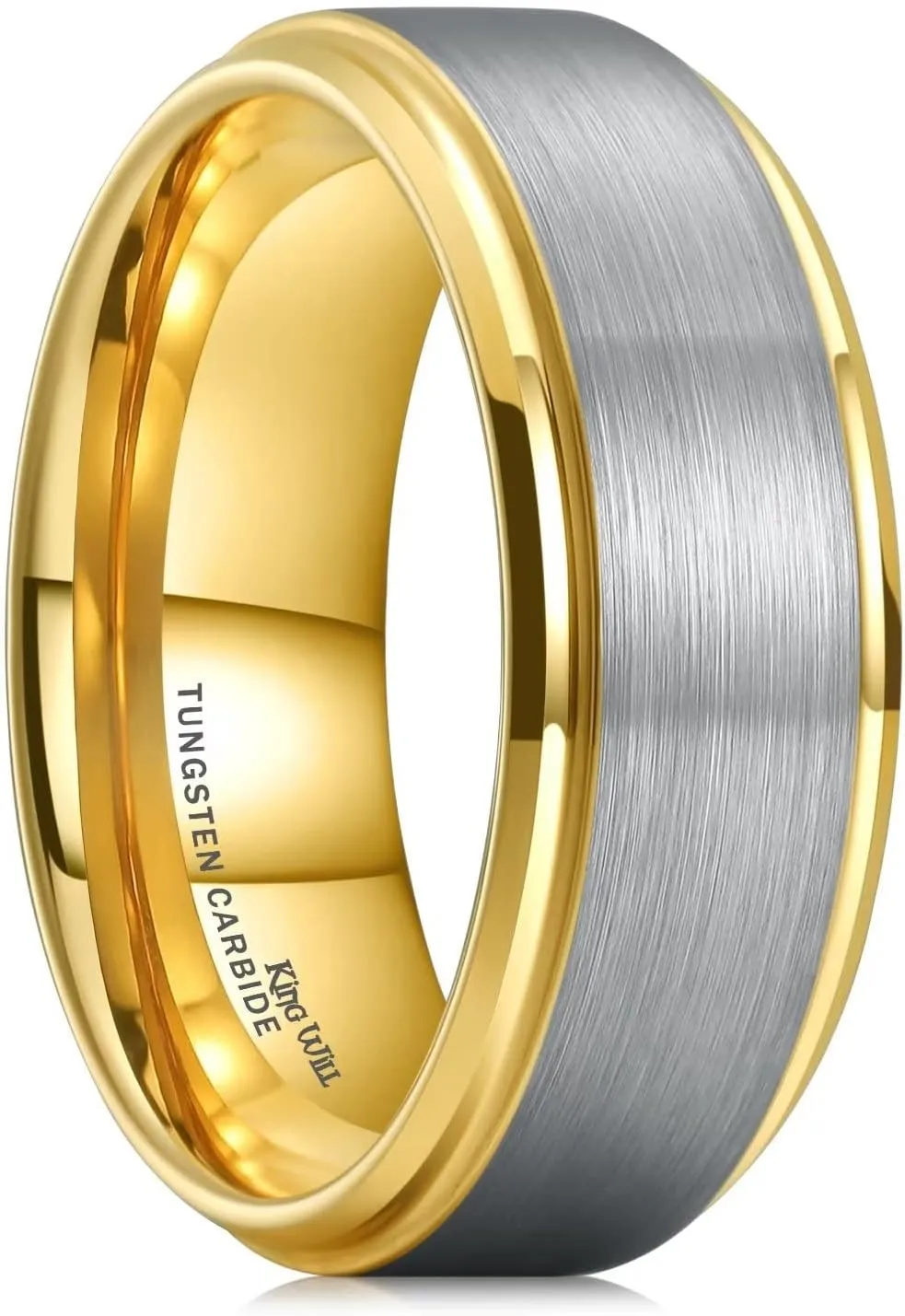 King Will Mens Wedding Band Two Tone Matte Step Edges/Pipe Cut Tungsten Carbide Wedding Ring Set Anniversary Promise Rings Comfort Fit