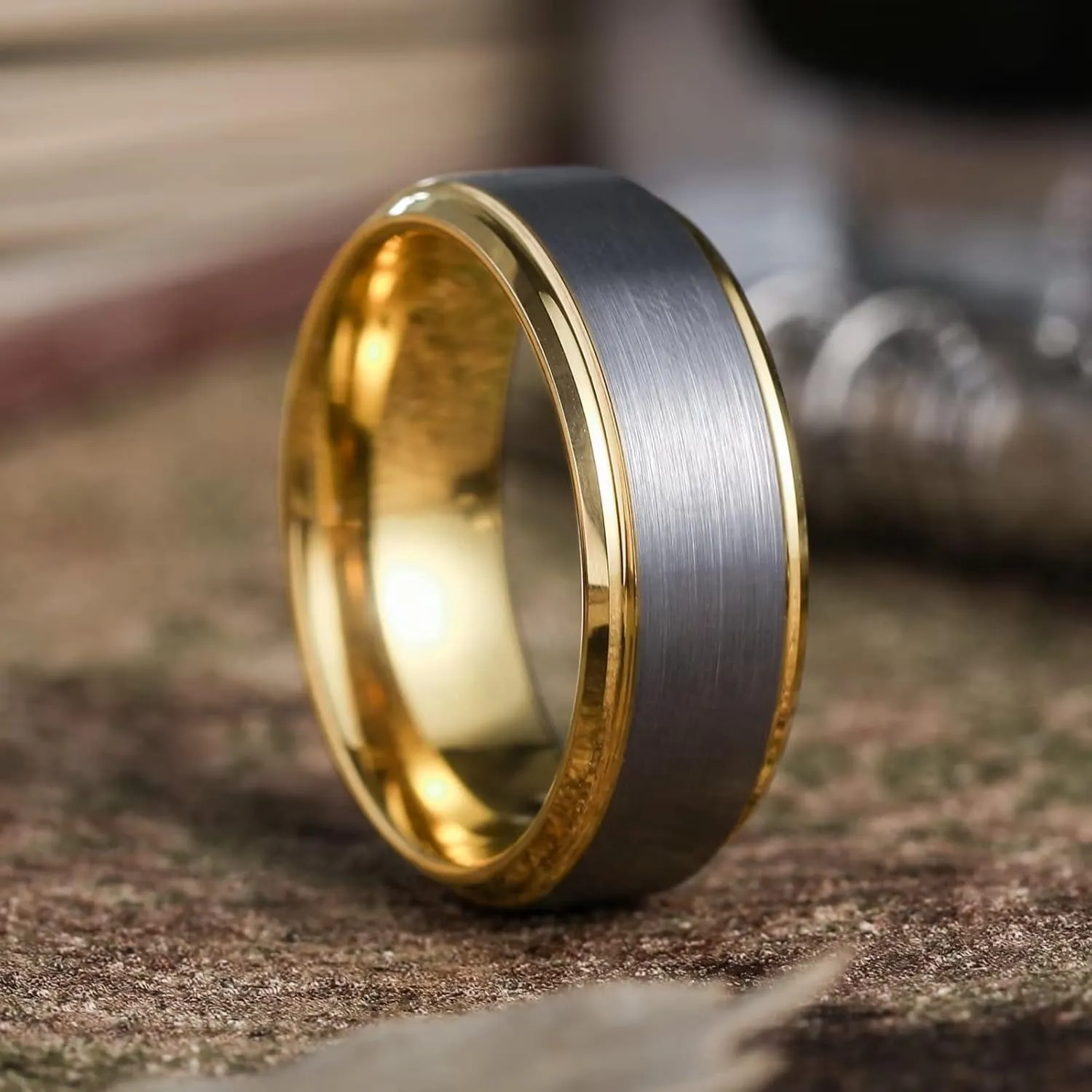 King Will Mens Wedding Band Two Tone Matte Step Edges/Pipe Cut Tungsten Carbide Wedding Ring Set Anniversary Promise Rings Comfort Fit