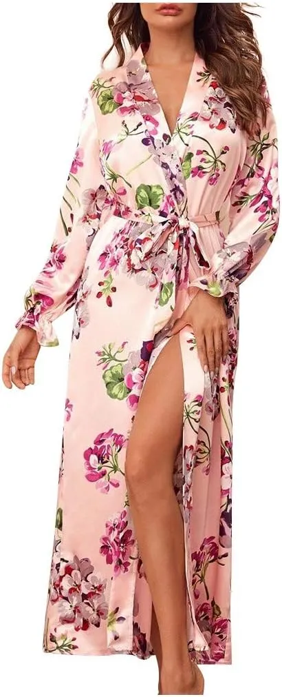 Ladies Floral Satin Party Bathrobe Women Soft Kimonos Robes Long Bath Robes Full Length Sleepwear Dressing Gown