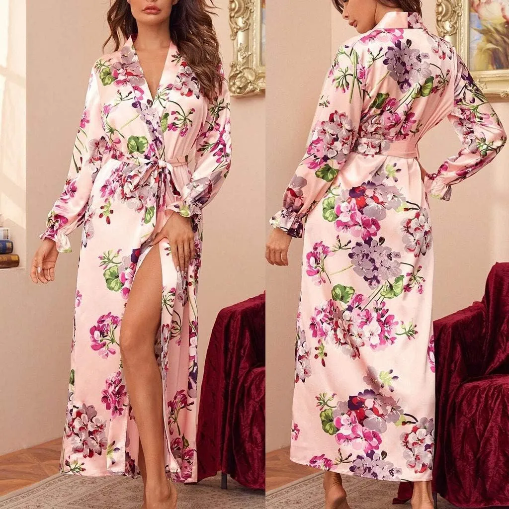 Ladies Floral Satin Party Bathrobe Women Soft Kimonos Robes Long Bath Robes Full Length Sleepwear Dressing Gown