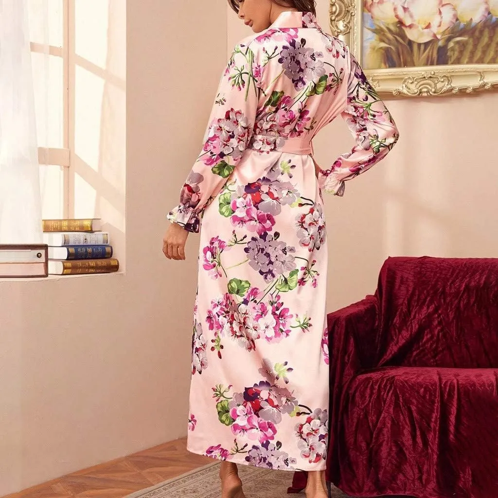 Ladies Floral Satin Party Bathrobe Women Soft Kimonos Robes Long Bath Robes Full Length Sleepwear Dressing Gown