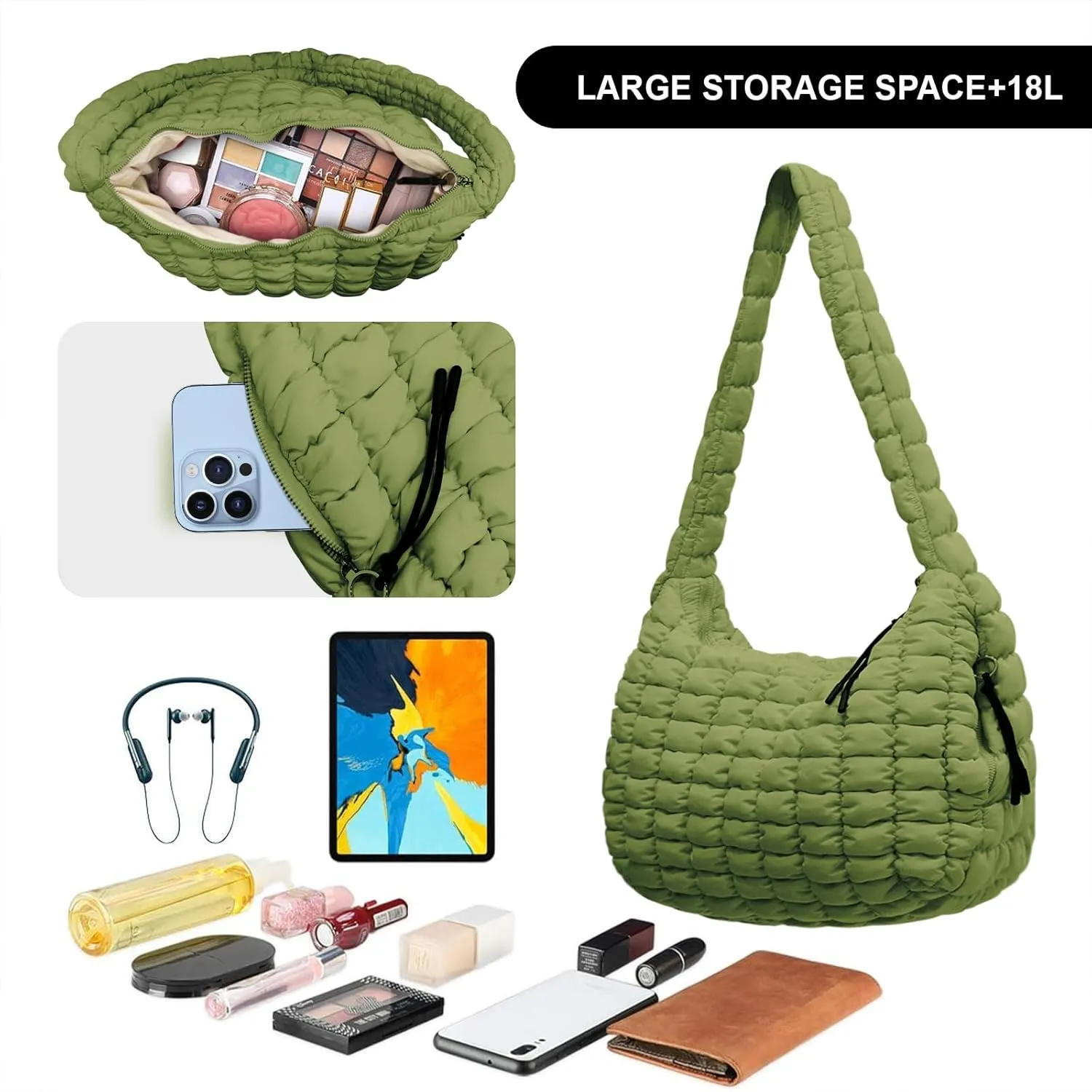 Large Puffer Tote Bag for Women Quilted Crossbody Bag, Hobo Quilted Tote Bag Crossbody Shoulder Handbags Puff Purse