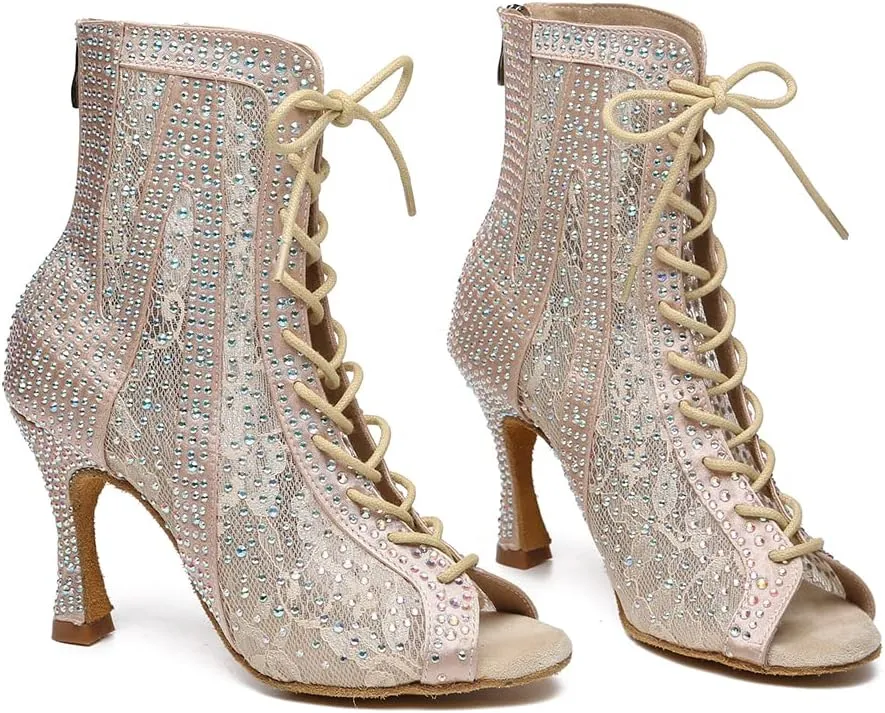 Latin Dance Boots for Women with Rhinestones Lace-up Open-toe Salsa Bachata Ballroom Performance Dance Heels,Model YC-L485