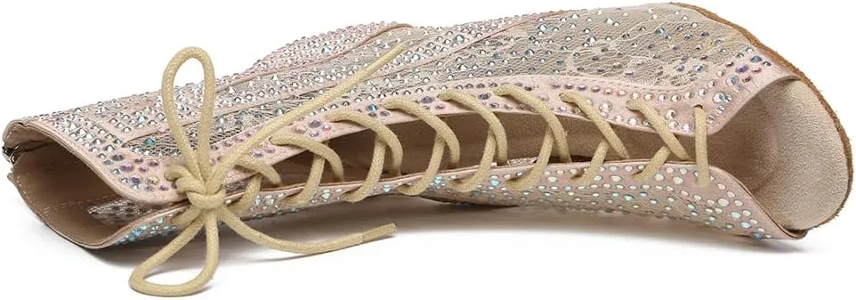 Latin Dance Boots for Women with Rhinestones Lace-up Open-toe Salsa Bachata Ballroom Performance Dance Heels,Model YC-L485