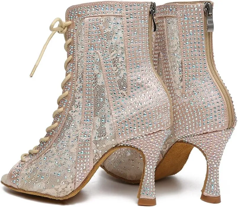 Latin Dance Boots for Women with Rhinestones Lace-up Open-toe Salsa Bachata Ballroom Performance Dance Heels,Model YC-L485