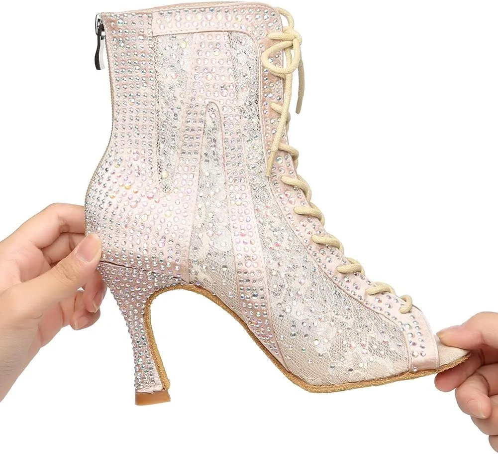 Latin Dance Boots for Women with Rhinestones Lace-up Open-toe Salsa Bachata Ballroom Performance Dance Heels,Model YC-L485