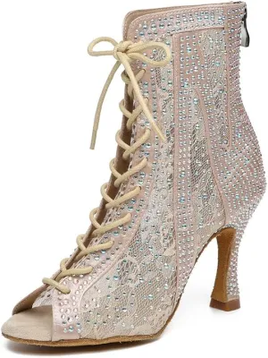 Latin Dance Boots for Women with Rhinestones Lace-up Open-toe Salsa Bachata Ballroom Performance Dance Heels,Model YC-L485
