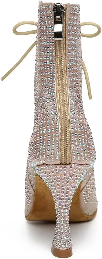 Latin Dance Boots for Women with Rhinestones Lace-up Open-toe Salsa Bachata Ballroom Performance Dance Heels,Model YC-L485