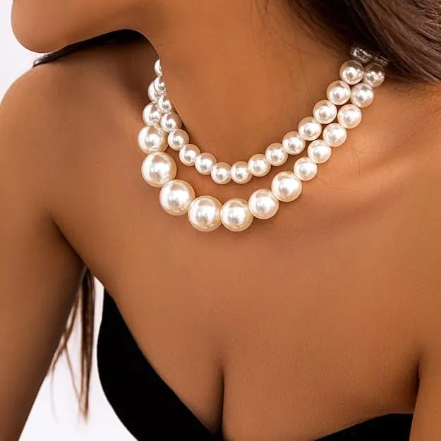 Layered Chain Choker Necklace, Handmade Double Strand with Beads and Heart Pendant