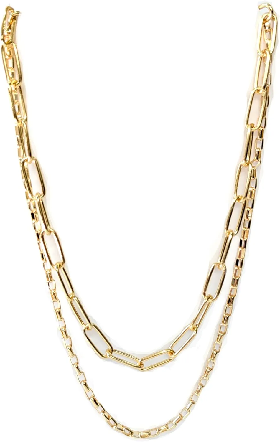 Layered Gold Chain Necklace Set, 2-Piece Paperclip Link Choker, Dual Length Chain for Layering