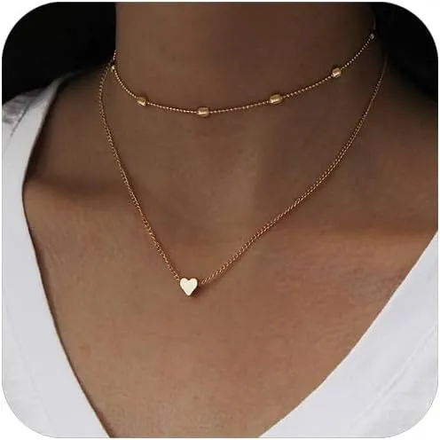 Layered Heart Necklaces for Women,Cute Thin Heart Pendant Choker Necklaces,Small Gold Heart Chain Minimalist Necklace for Her