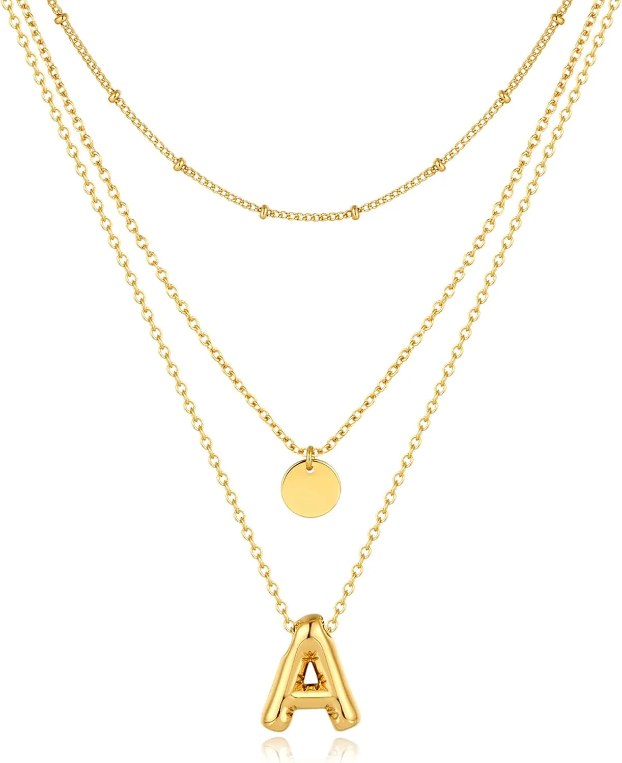 Layered Initial Necklaces for Women 14K Gold Plated Simple Disc Choker Letter A Pendant Necklace Cute Initial Necklace Jewelry