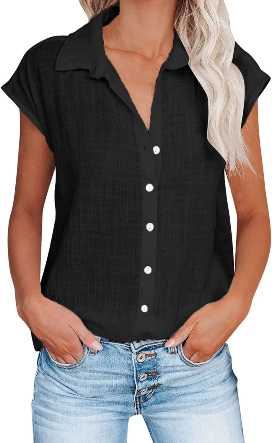 Linen Shirts for Women Summer Button Down Cap Sleeve Shirts Casual Loose Solid V Neck Tops Business Casual Blouses