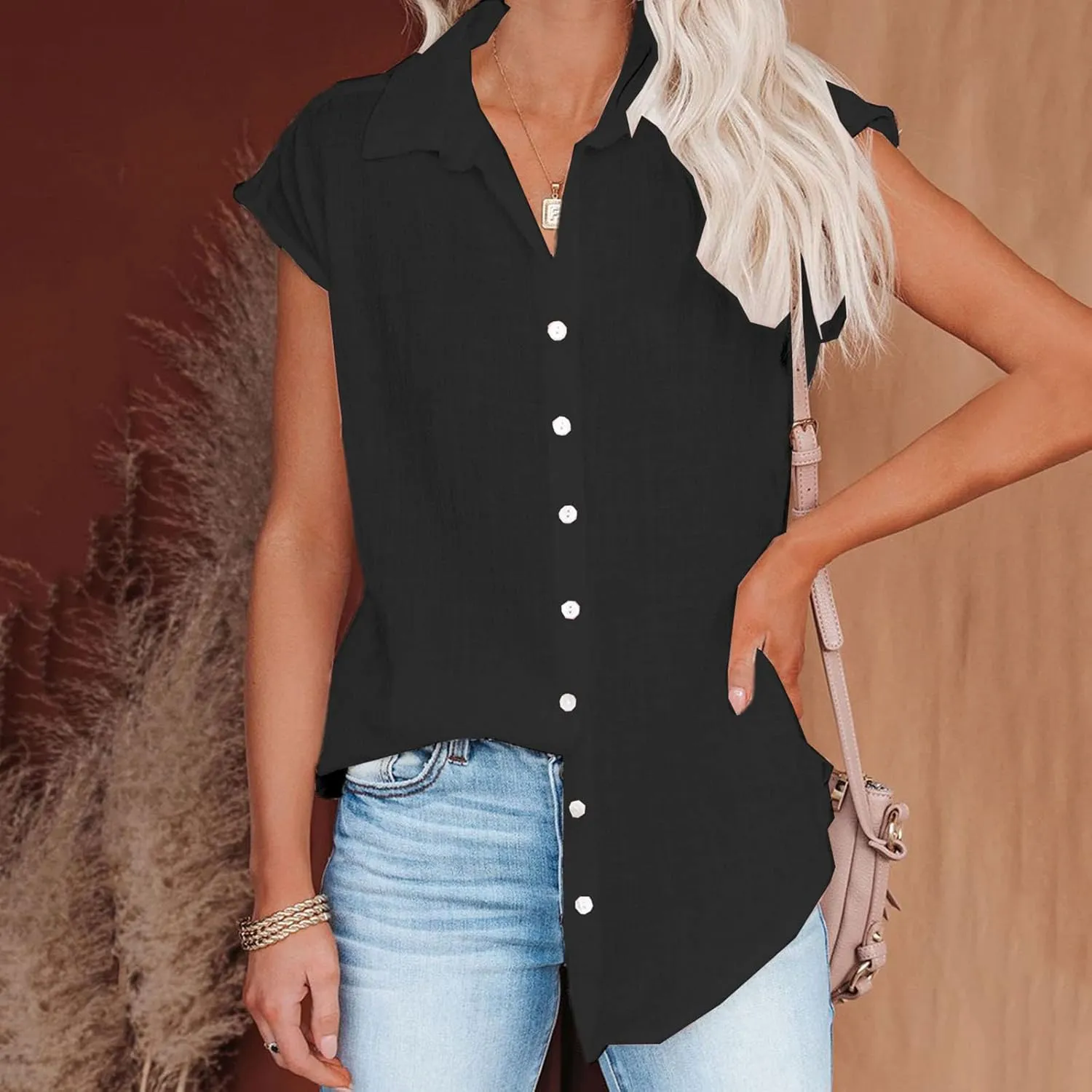 Linen Shirts for Women Summer Button Down Cap Sleeve Shirts Casual Loose Solid V Neck Tops Business Casual Blouses