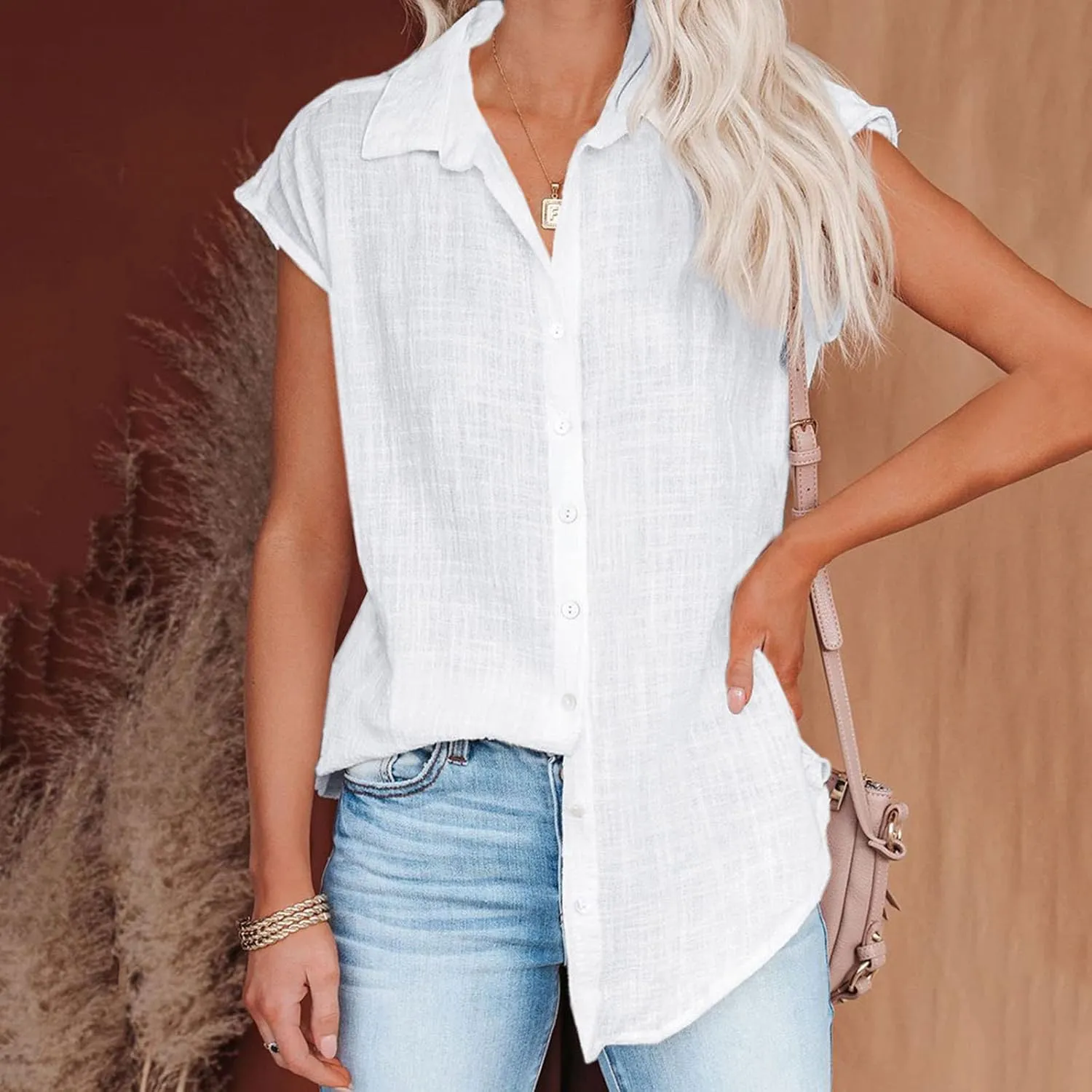Linen Shirts for Women Summer Button Down Cap Sleeve Shirts Casual Loose Solid V Neck Tops Business Casual Blouses