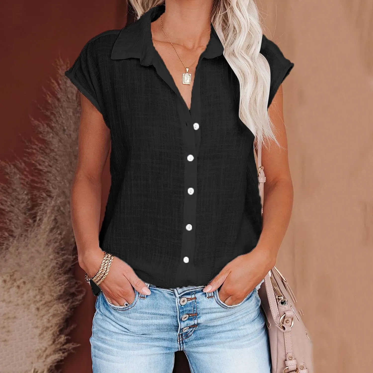 Linen Shirts for Women Summer Button Down Cap Sleeve Shirts Casual Loose Solid V Neck Tops Business Casual Blouses