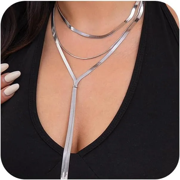 Long Layered Gold Choker Necklace for Women Fashion Triple Layering Snake Chain Chokers Thick Stack Pendant Y Necklaces Prom Formal Statement Jewelry