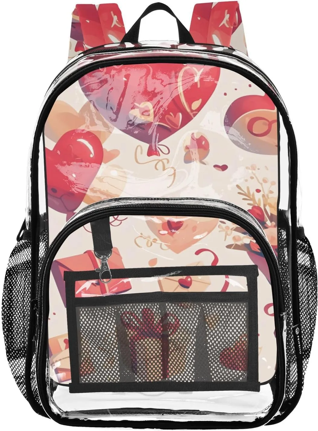 Love and Flowers Clear Plastic Backpack - Transparent PVC Heavy Duty Bag with Large Main Pocket and Mesh Pockets - Ideal for School, Travel, Outings - Clear Backpack for Everyday Use