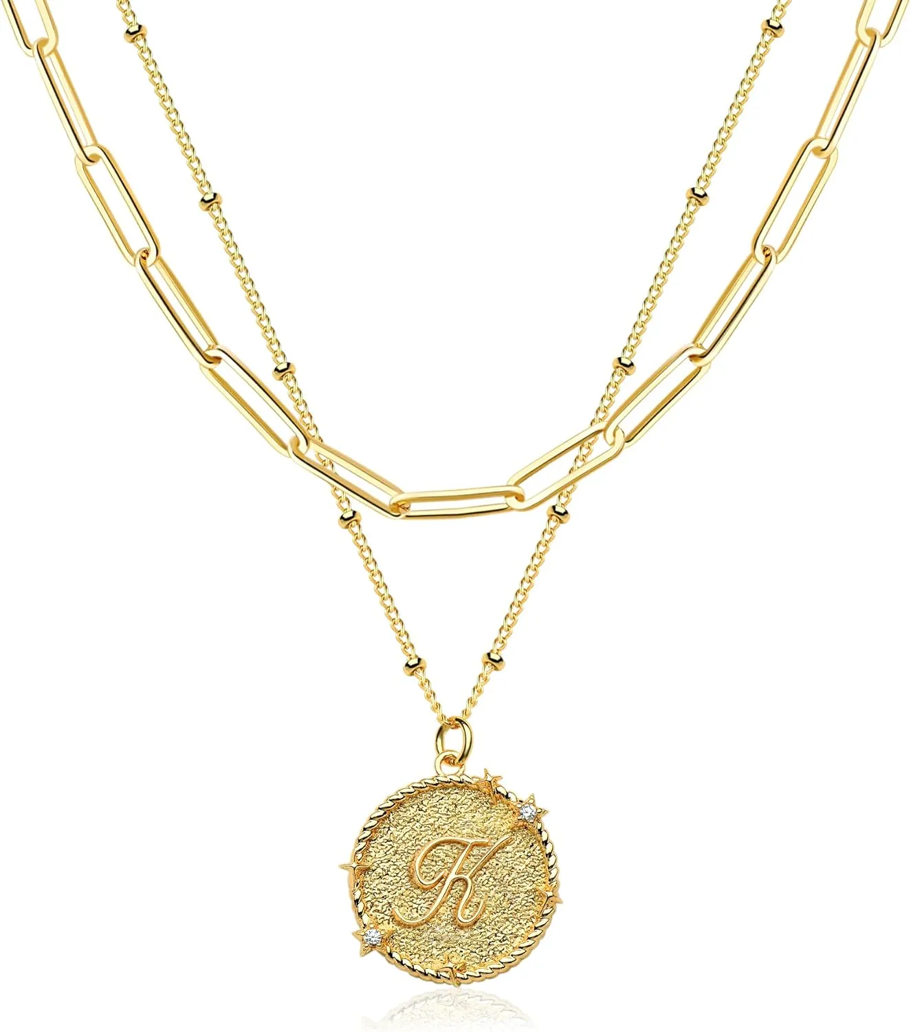 LOYATA Layered Choker Necklace Gold Star Initial Coin Pendant 2 Layer Diamond Cubic Zirconia 14K Gold Plated Dainty Satellite Paperclip Chain Personalized Jewelry Gift for Women Letter A-Z
