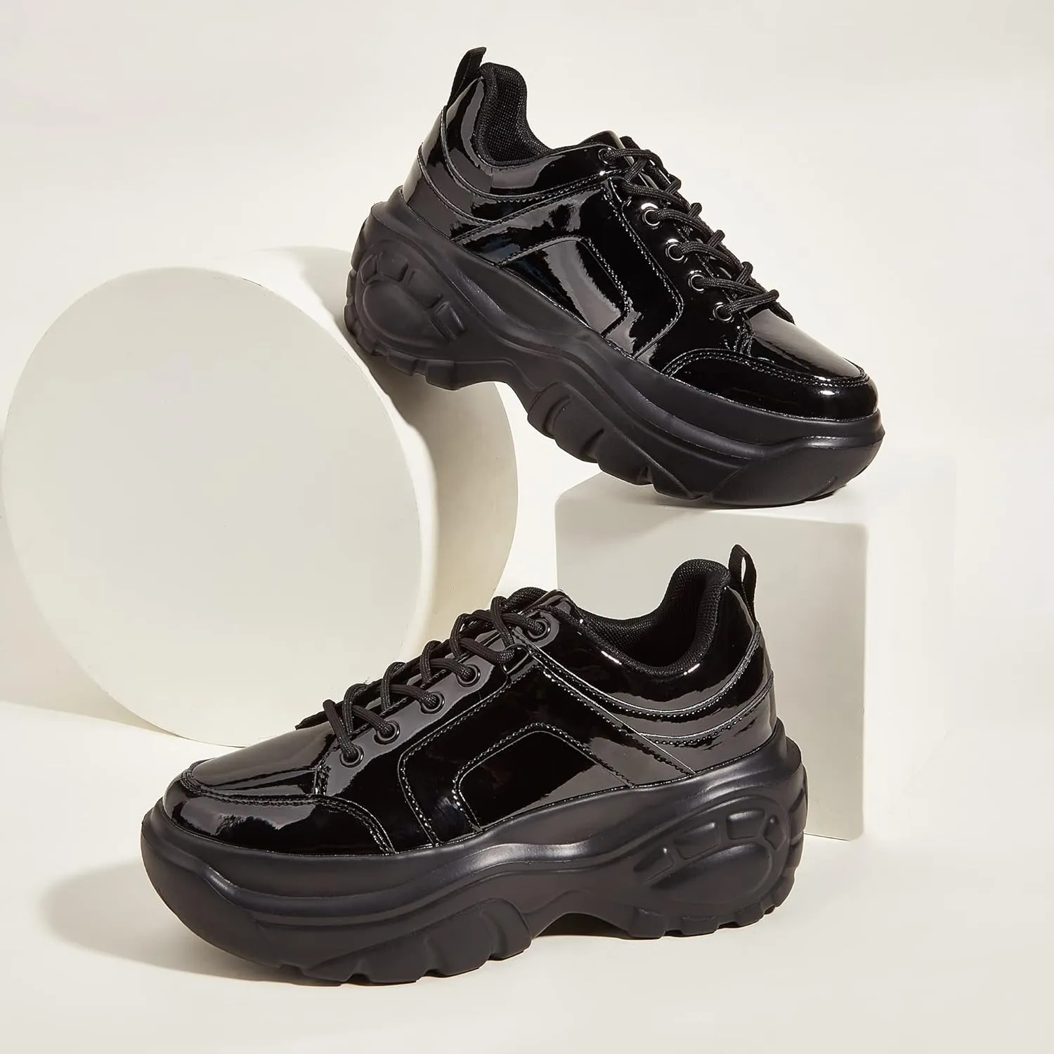 LUCKY STEP Women Chunky Platform Dad Colorblock White Neon Green Fuchsia Hologram Silver Casual Lace-Up Walking Sneakers