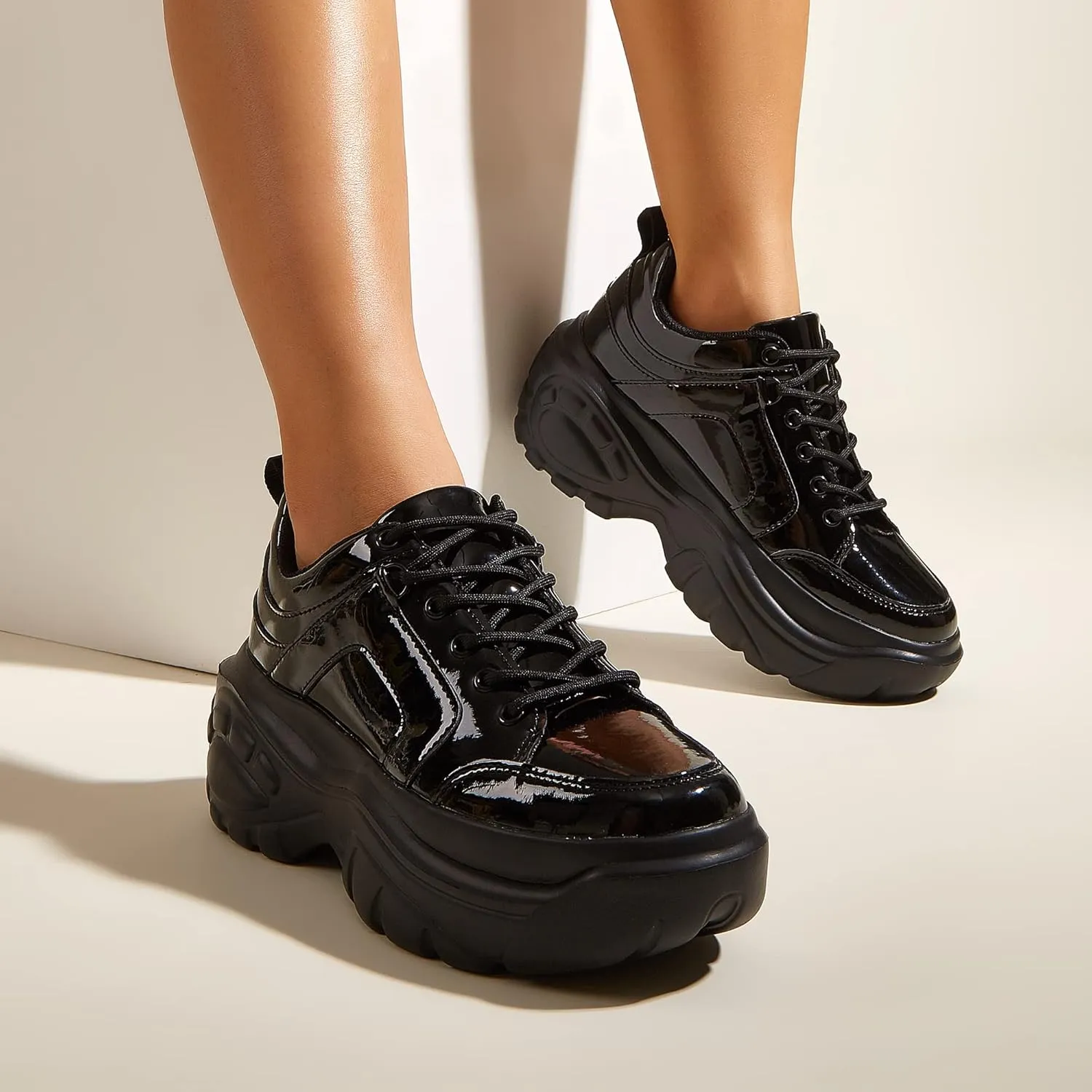 LUCKY STEP Women Chunky Platform Dad Colorblock White Neon Green Fuchsia Hologram Silver Casual Lace-Up Walking Sneakers
