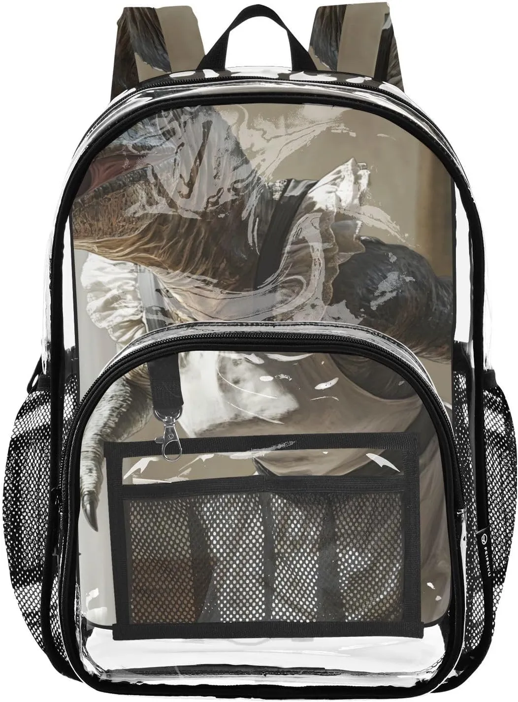 Maid Dinosaur Clear Plastic Backpack - Transparent PVC Heavy Duty Bag with Large Main Pocket and Mesh Pockets - Ideal for School, Travel, Outings - Clear Backpack for Everyday Use