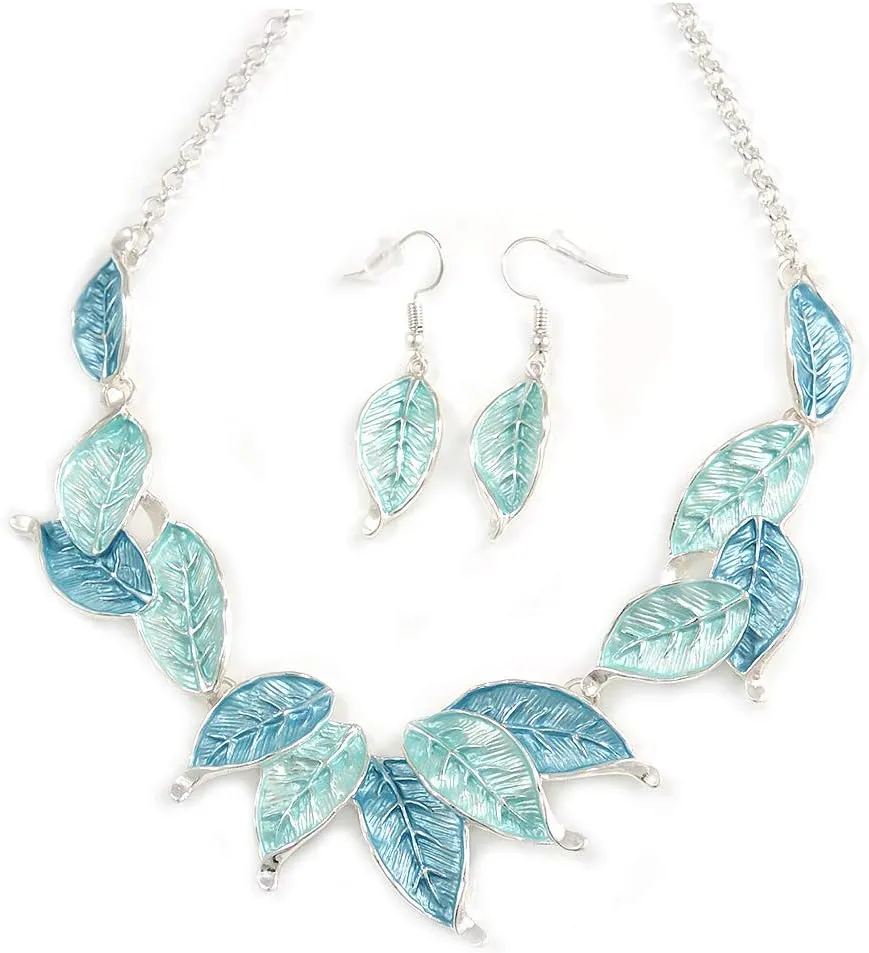Matt Pastel Blue Enamel Leaf Necklace and Drop Earrings Set In Light Silver Tone Metal - 45cm L/ 7cm Ext