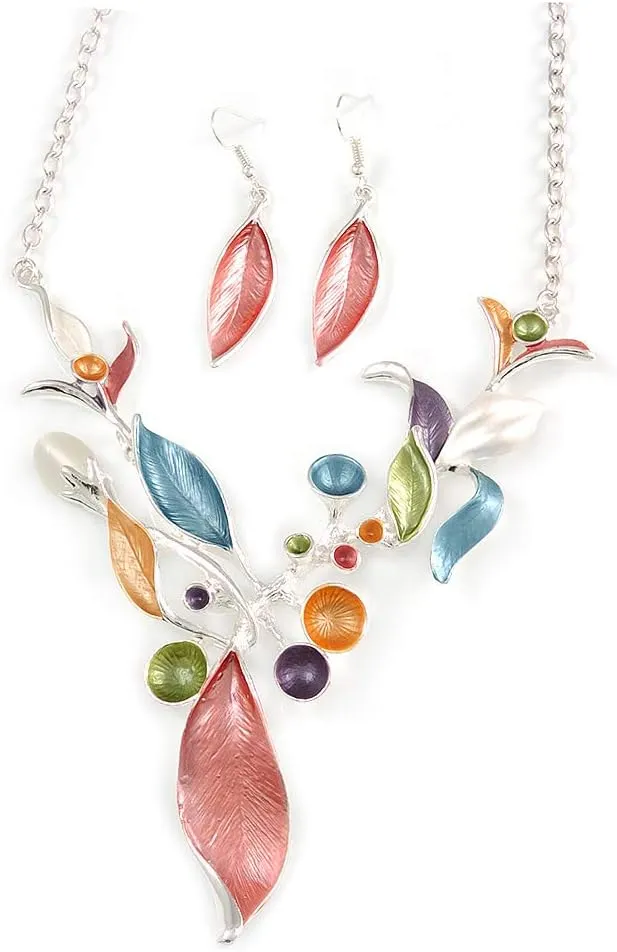 Matt Pastel Multicoloured Enamel Leaf Necklace and Stud Earrings In Light Silver Tone - 45cm L/ 7cm Ext