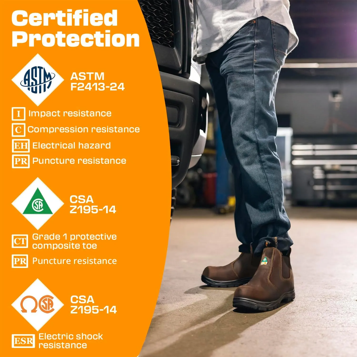 Men's ASTM & CSA Certified Composite Toe Chelsea Work Boots  100% Leather, Lightweight, I/C/EH/PR/ESR, Oil/Slip/Heat Resistant, Rubber Outsole, Safety Boots 5666