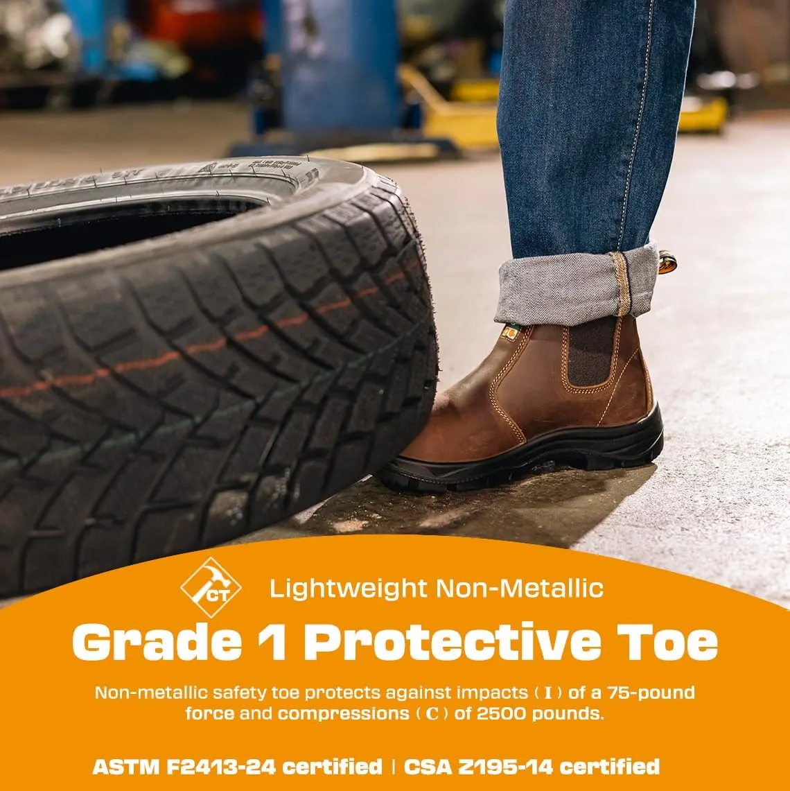 Men's ASTM & CSA Certified Composite Toe Chelsea Work Boots  100% Leather, Lightweight, I/C/EH/PR/ESR, Oil/Slip/Heat Resistant, Rubber Outsole, Safety Boots 5666