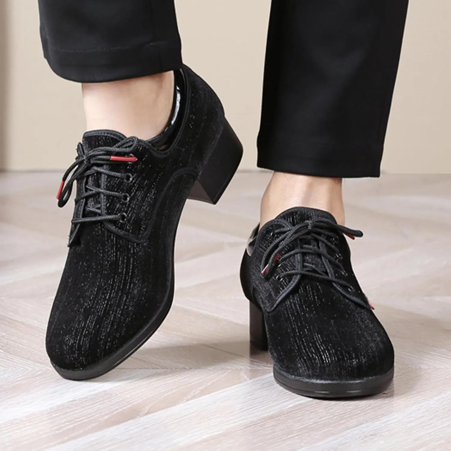 Men's Modern Dance Shoes,Comfort Low Chunky Block Heel Soft Sole Lace-up Tango Latin Ballroom Dress Oxford Cloth Shoes