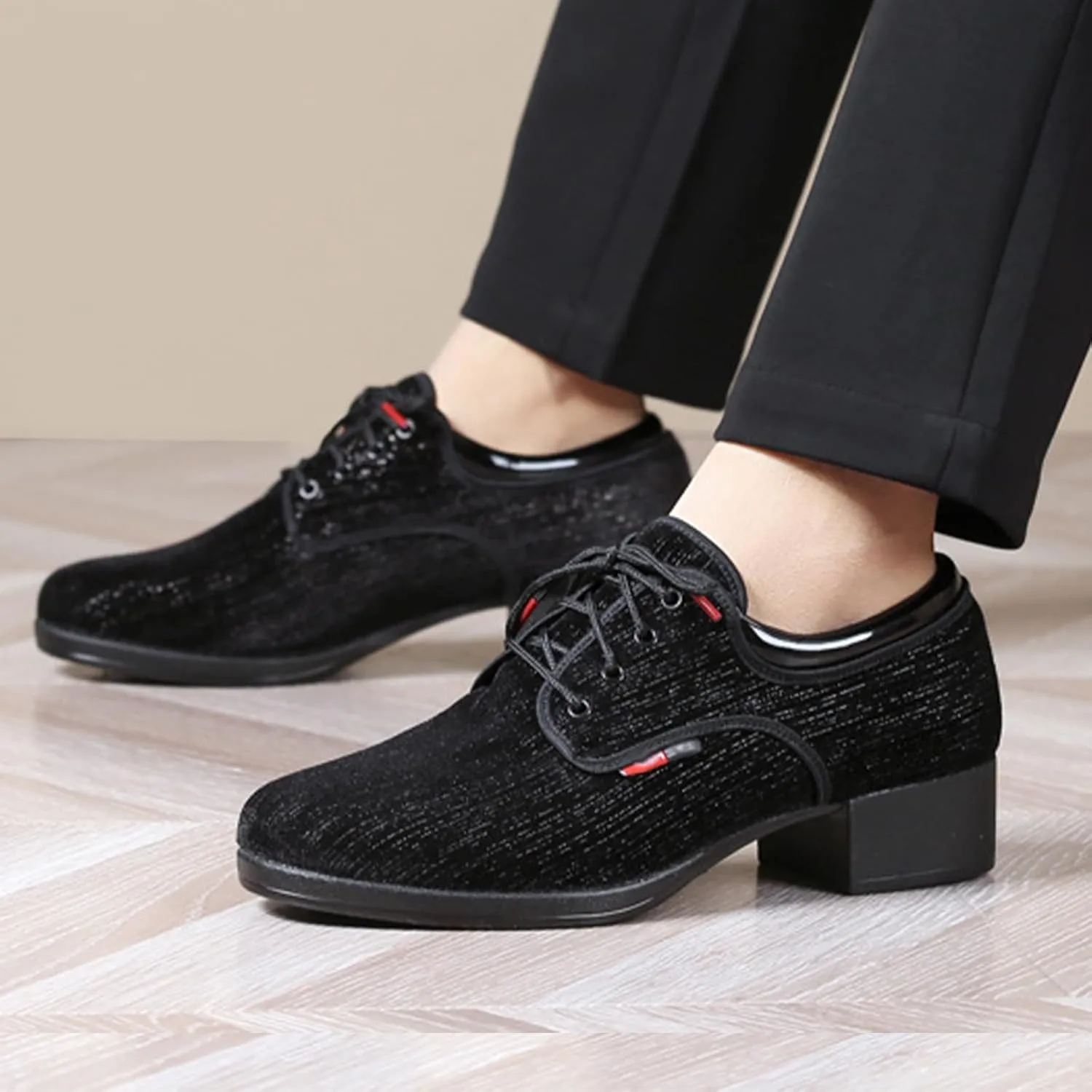 Men's Modern Dance Shoes,Comfort Low Chunky Block Heel Soft Sole Lace-up Tango Latin Ballroom Dress Oxford Cloth Shoes