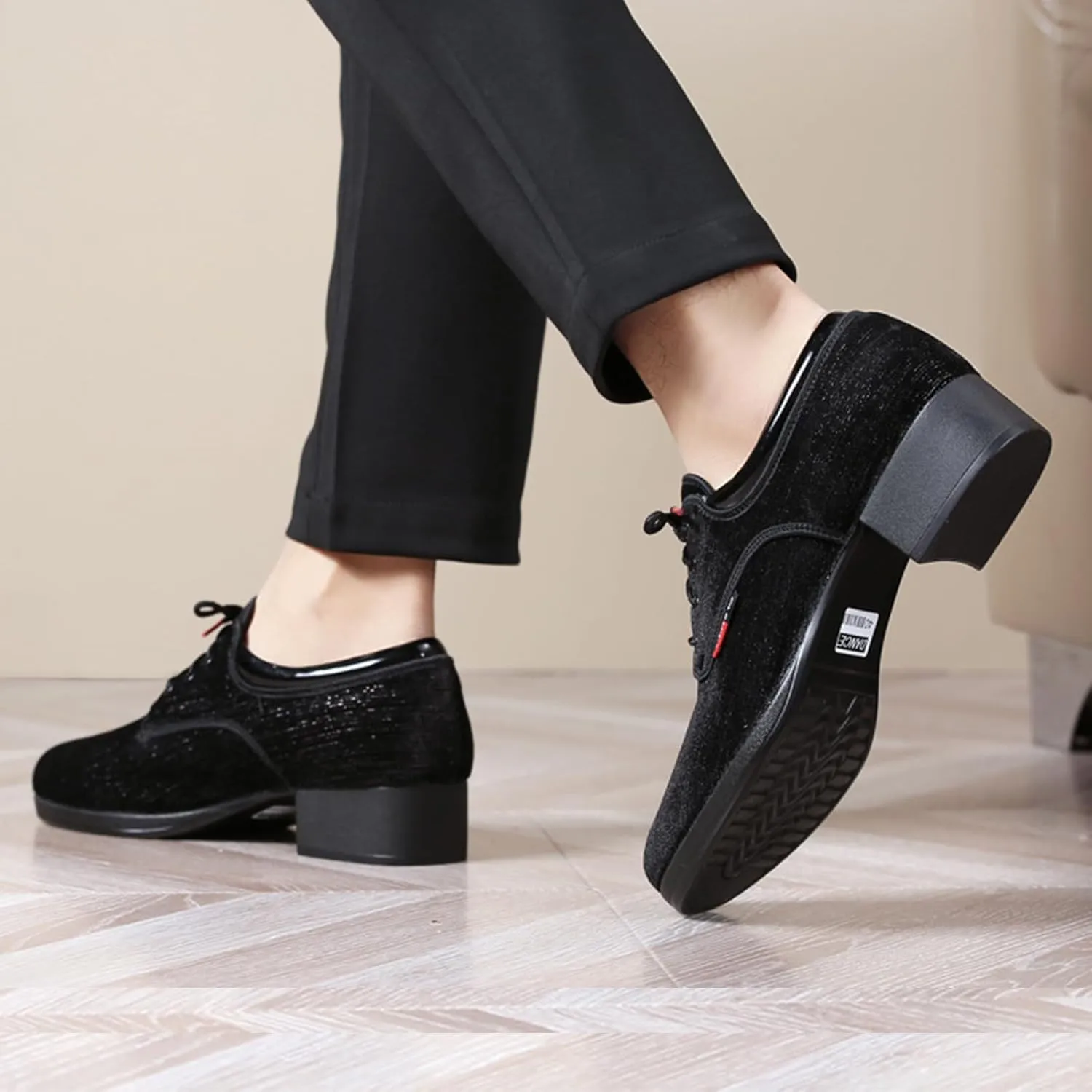 Men's Modern Dance Shoes,Comfort Low Chunky Block Heel Soft Sole Lace-up Tango Latin Ballroom Dress Oxford Cloth Shoes