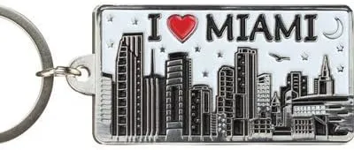 Miami White Skyline Rectangular Metal Keychain 2.25" X 1.25"