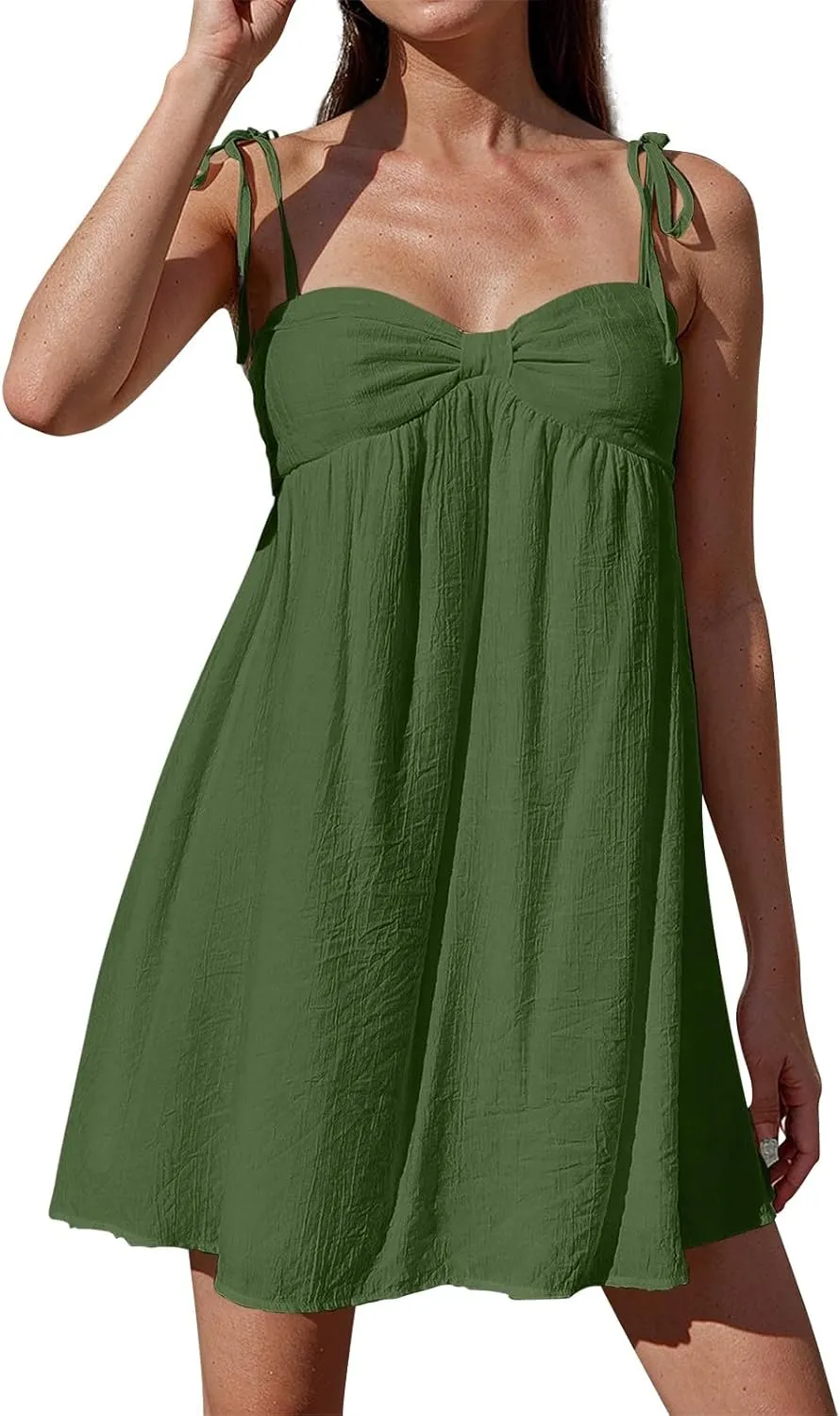 Mini Sundresses for Women 2025 Vacation Spaghetti Strap Loose Bow Babydoll Dress Casual Summer Flowy Beach Sun Dress
