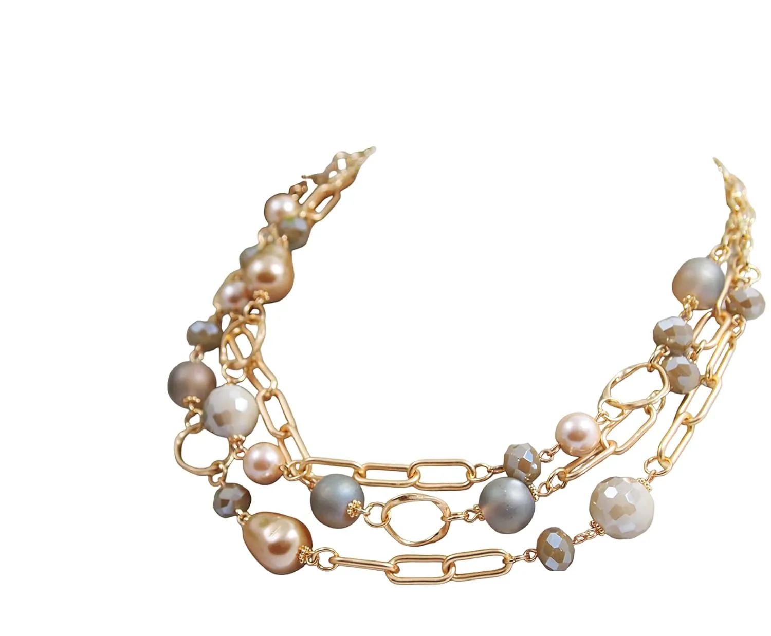 Multi Strand layered Frosted Multi Layer Mother of Pearl Statement Chunky Pastel Pearl Necklace June Birthday Gift (gold-filled)