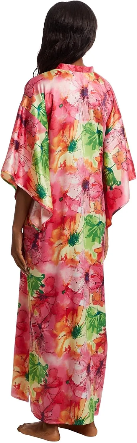N Natori Women's Radiance-Satin Mandarin Butterfly Caftan Length 52"