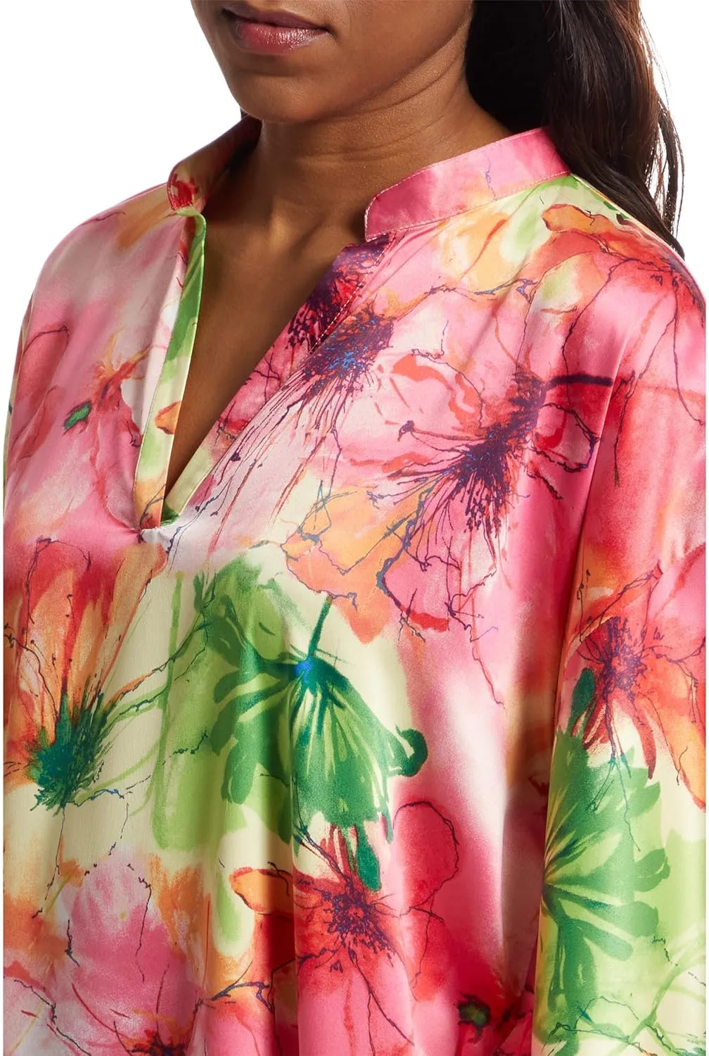 N Natori Women's Radiance-Satin Mandarin Butterfly Caftan Length 52"