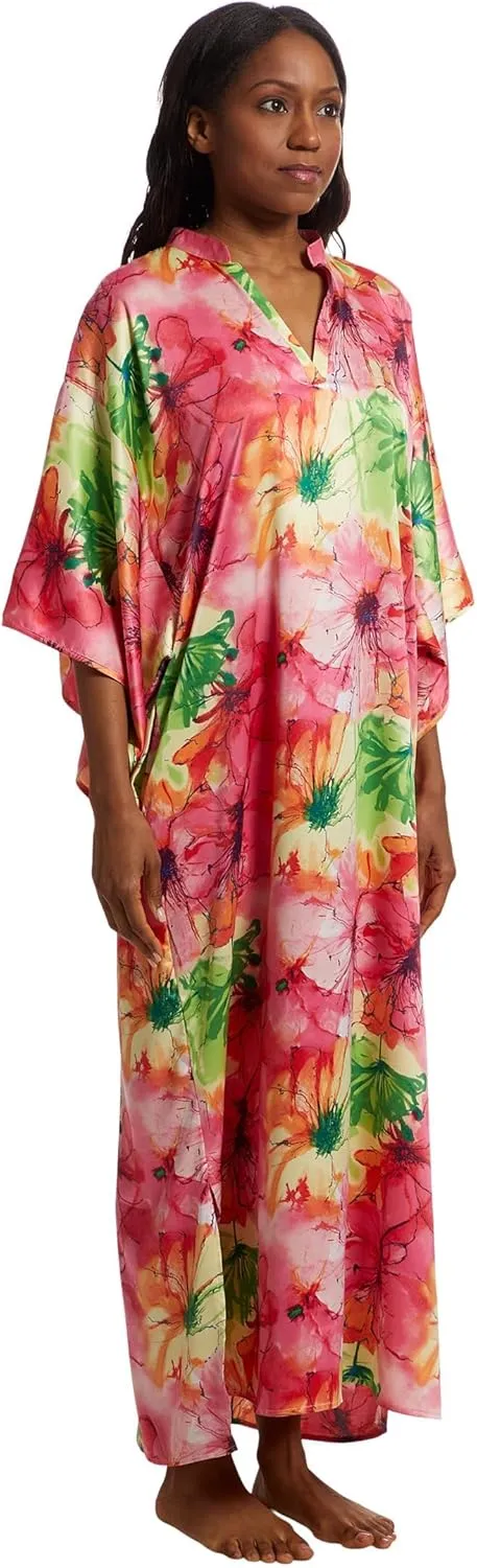 N Natori Women's Radiance-Satin Mandarin Butterfly Caftan Length 52"