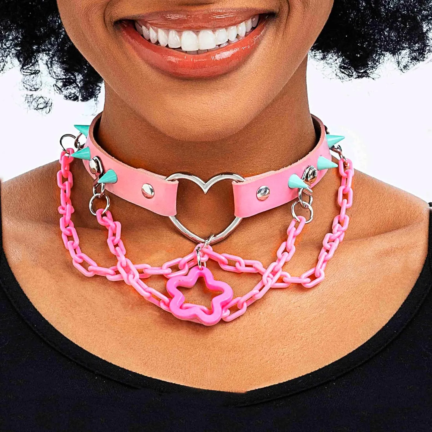 Navoky Goth Star Pink Choker Heart Leather Collar Chokers Spiked Chokers Necklace Gothic Jewelry for Women