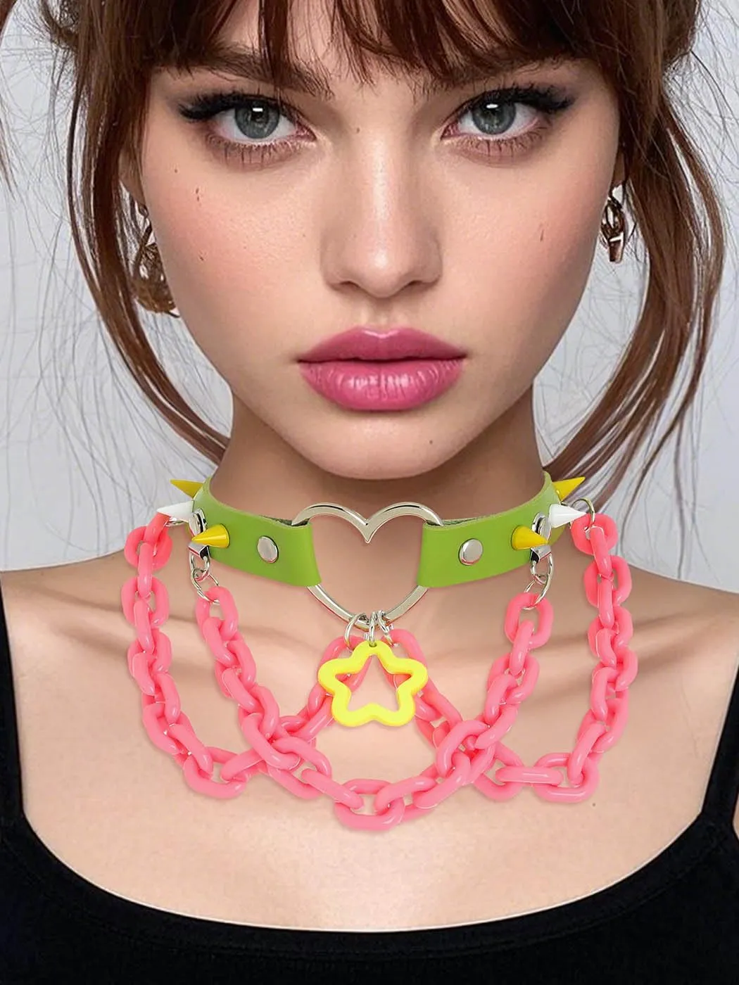 Navoky Goth Star Pink Choker Heart Leather Collar Chokers Spiked Chokers Necklace Gothic Jewelry for Women
