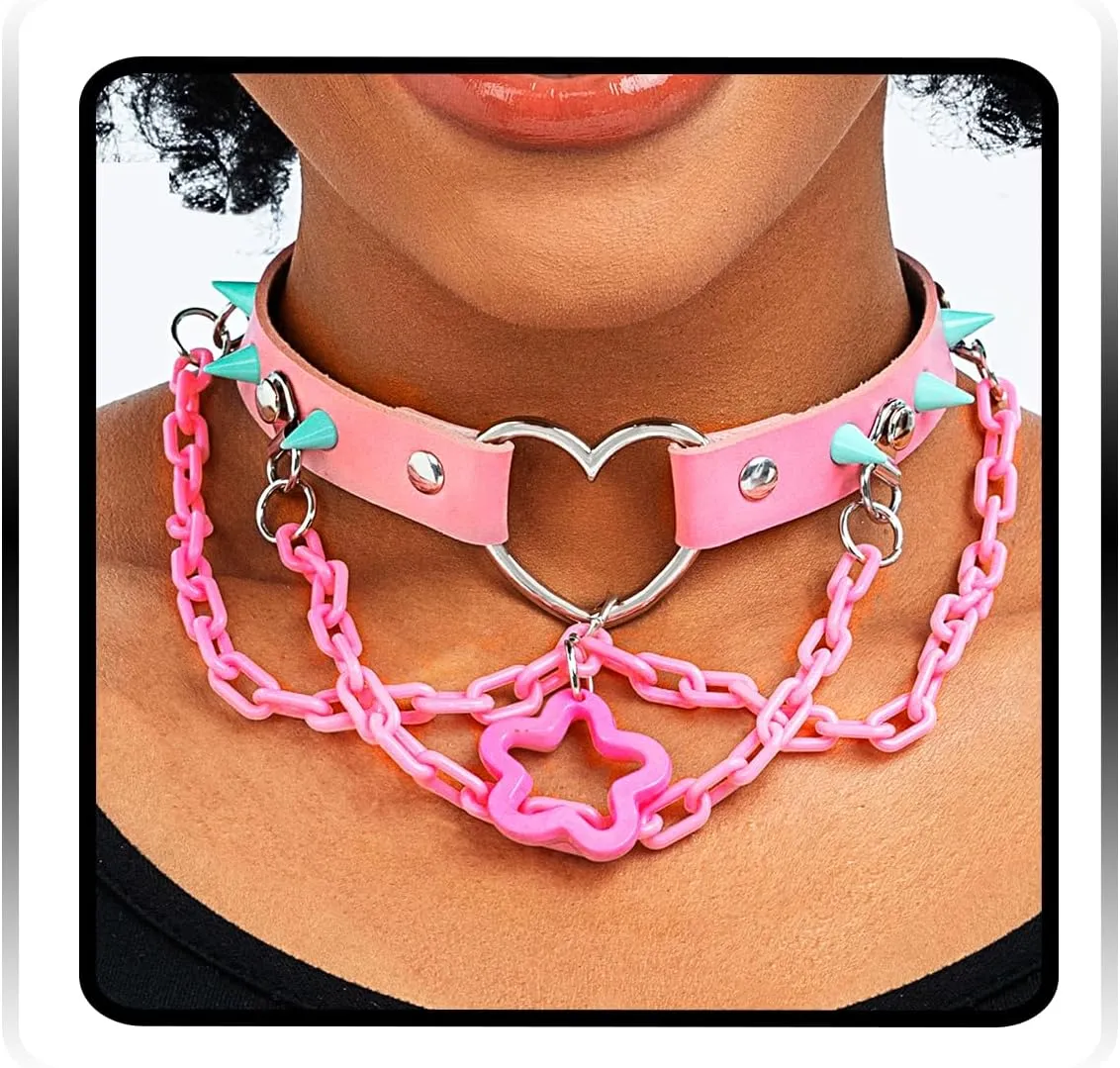 Navoky Goth Star Pink Choker Heart Leather Collar Chokers Spiked Chokers Necklace Gothic Jewelry for Women