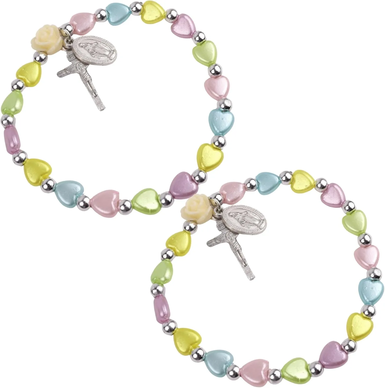 Needzo Miraculous Medal Rosary Bracelet, Pastel Heart Prayer Beads, Religious Keepsake Gifts, One Size Fits Most, Stretchable, 6.5 Inches (Pack of 2)