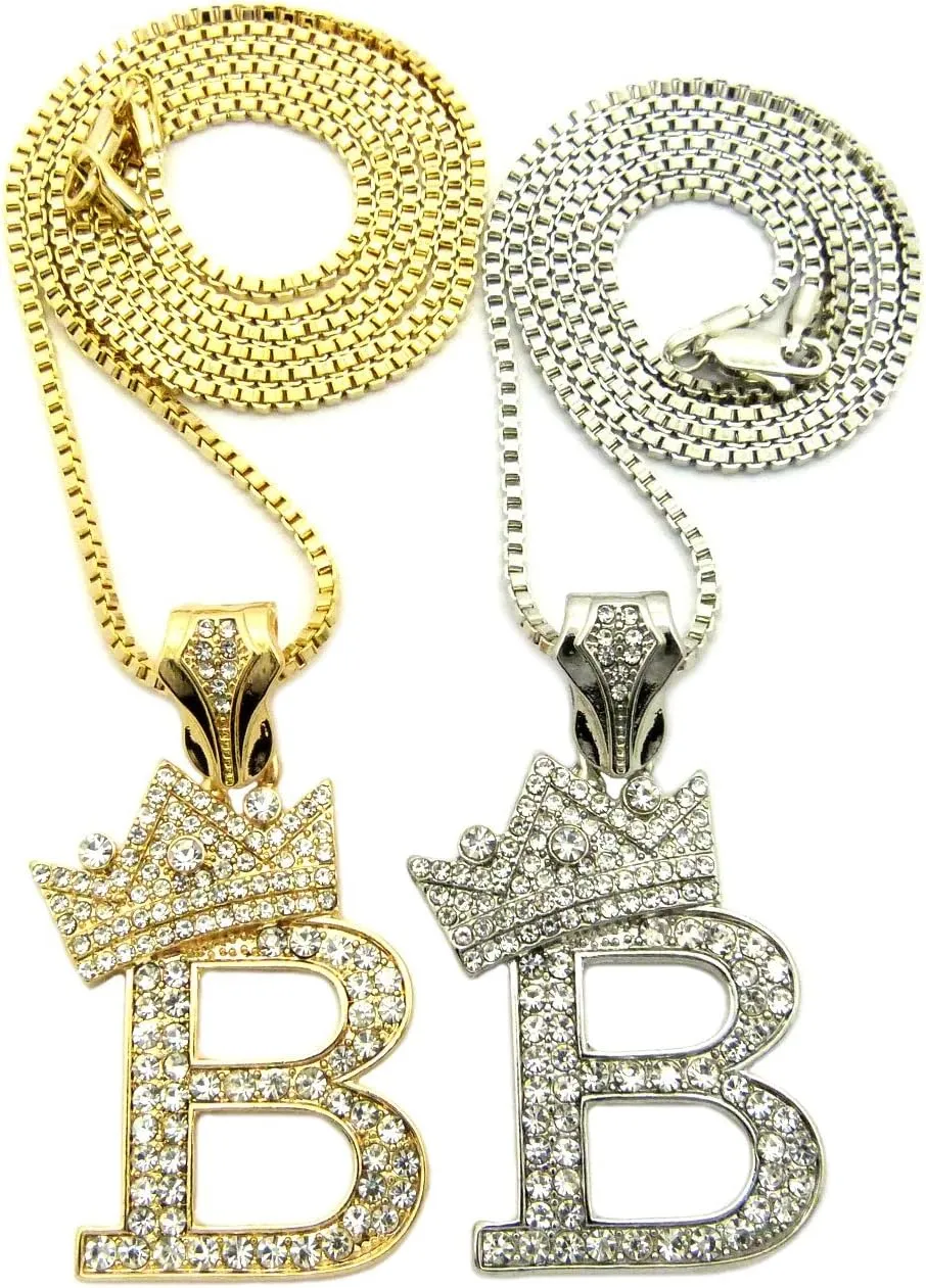 NYFASHION101 Dual Tilted Crown on Initial B Pendant Set w/Chain Necklace
